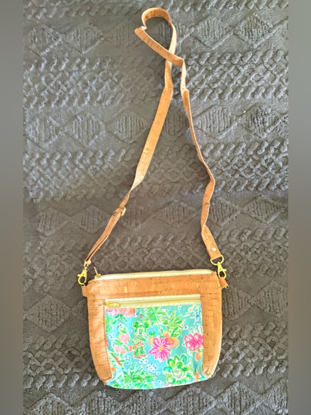 Lilly Pulitzer style Cork Crossbody Bag with Tropical Blue Floral Panel